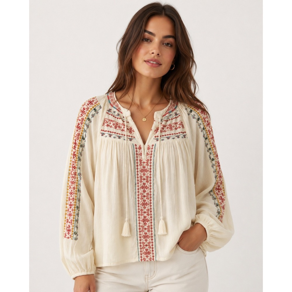 American Eagle Embroidered Large Peasant Blouse Boho Tassel Balloon Sleeve Top - Picture 3 of 12